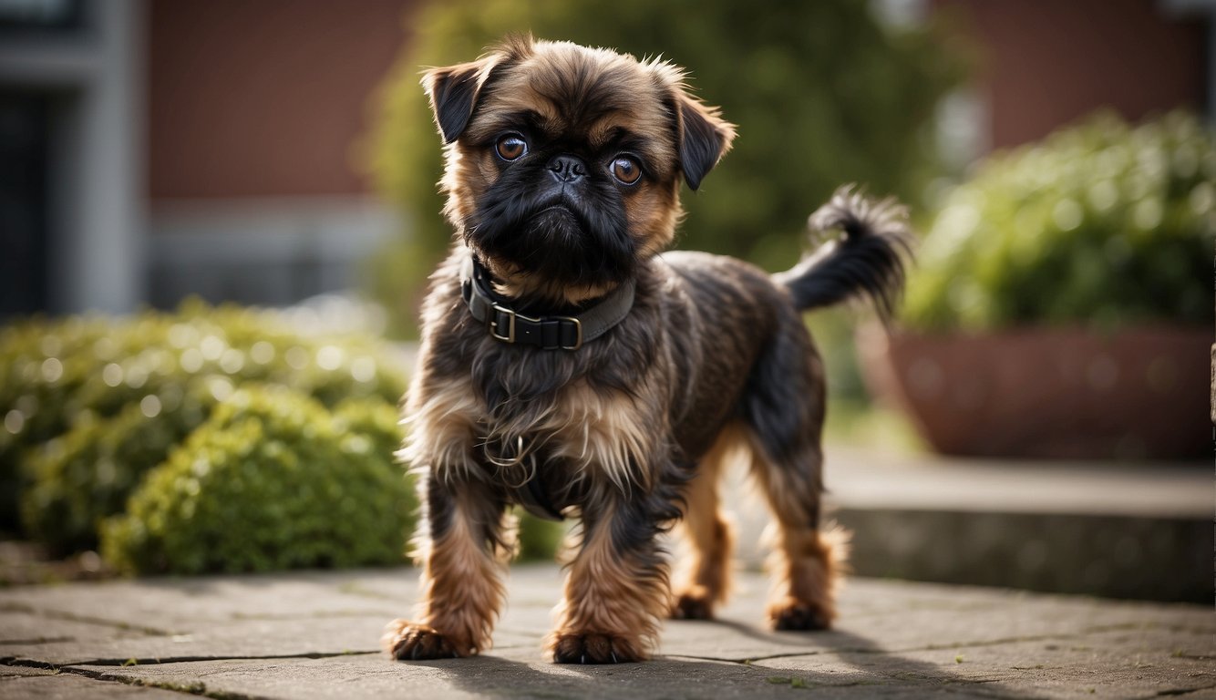 A Brussels Griffon stands alert, with its wiry coat and expressive eyes. Its small, square body exudes confidence and intelligence