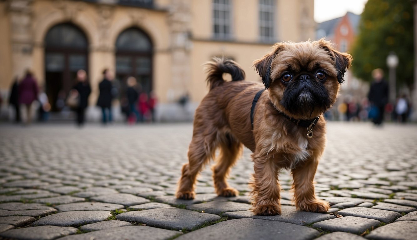A Brussels Griffon stands proudly on a cobblestone street in front of a historic European building, with its distinctive wiry coat and expressive face capturing the attention of passersby