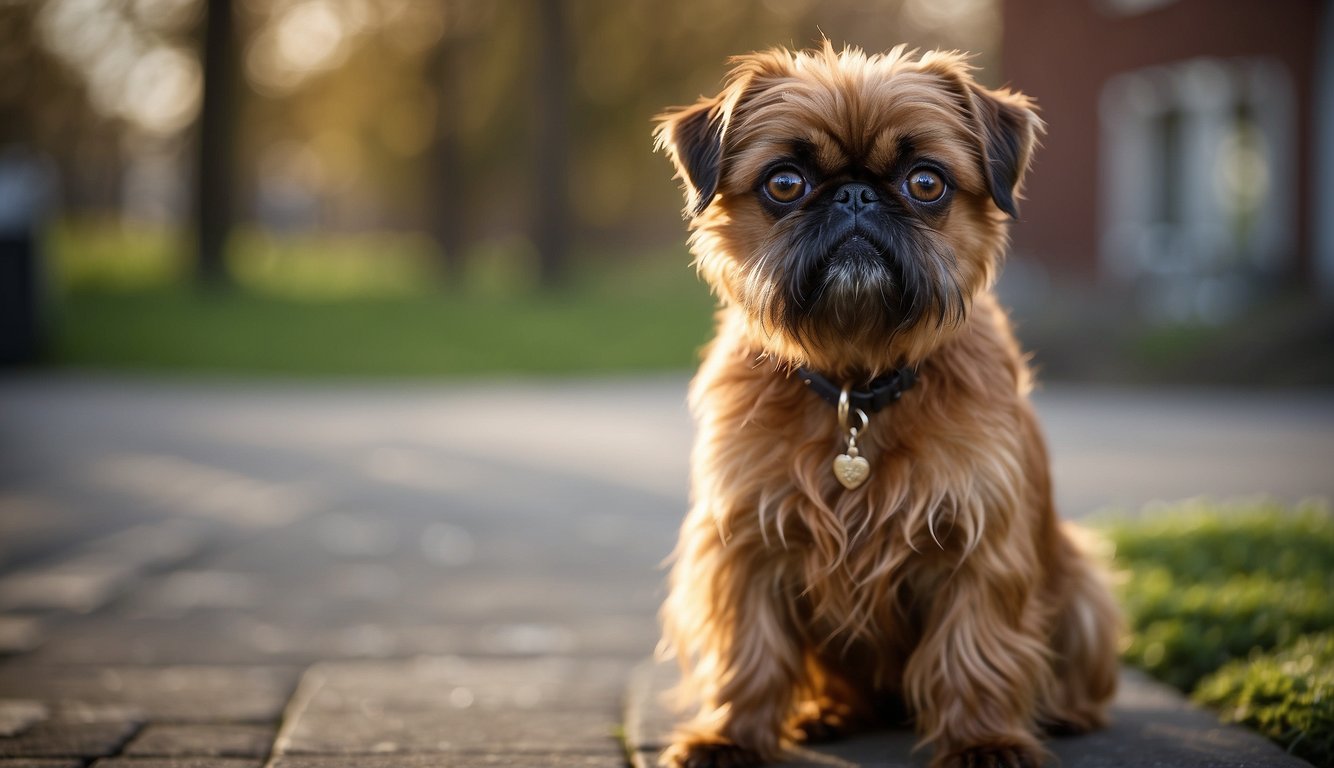A Brussels Griffon stands alert, with a wiry coat and expressive eyes. Its small, square body exudes confidence and intelligence