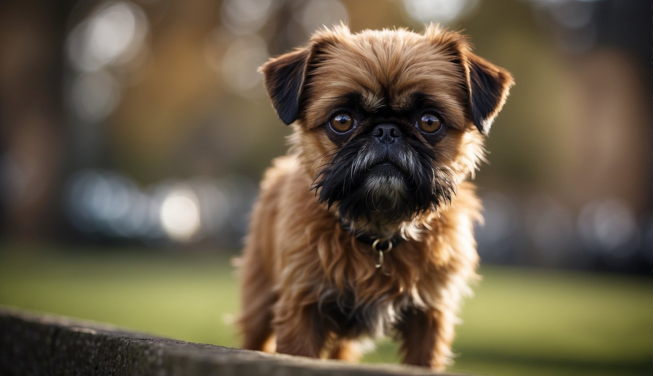 A Brussels Griffon stands alert, with a confident stance and expressive eyes. Its wiry coat and distinctive beard add to its charming and lively personality