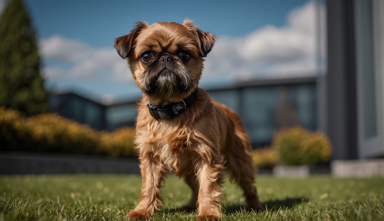 A Brussels Griffon stands alert, with a wiry coat and expressive eyes. Its small, sturdy frame exudes confidence and intelligence
