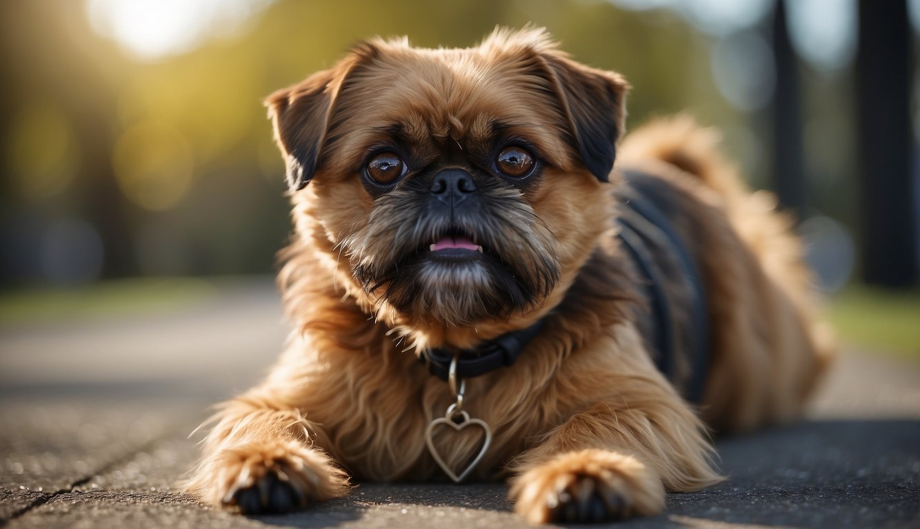 A Brussels Griffon dog is engaged in training exercises, demonstrating its lively and alert nature. Its expressive face and distinctive coat are highlighted