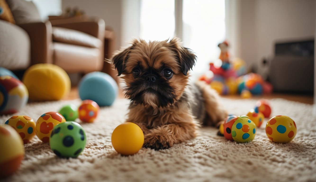 A Brussels Griffon plays with children in a cozy living room, surrounded by toys and a loving family
