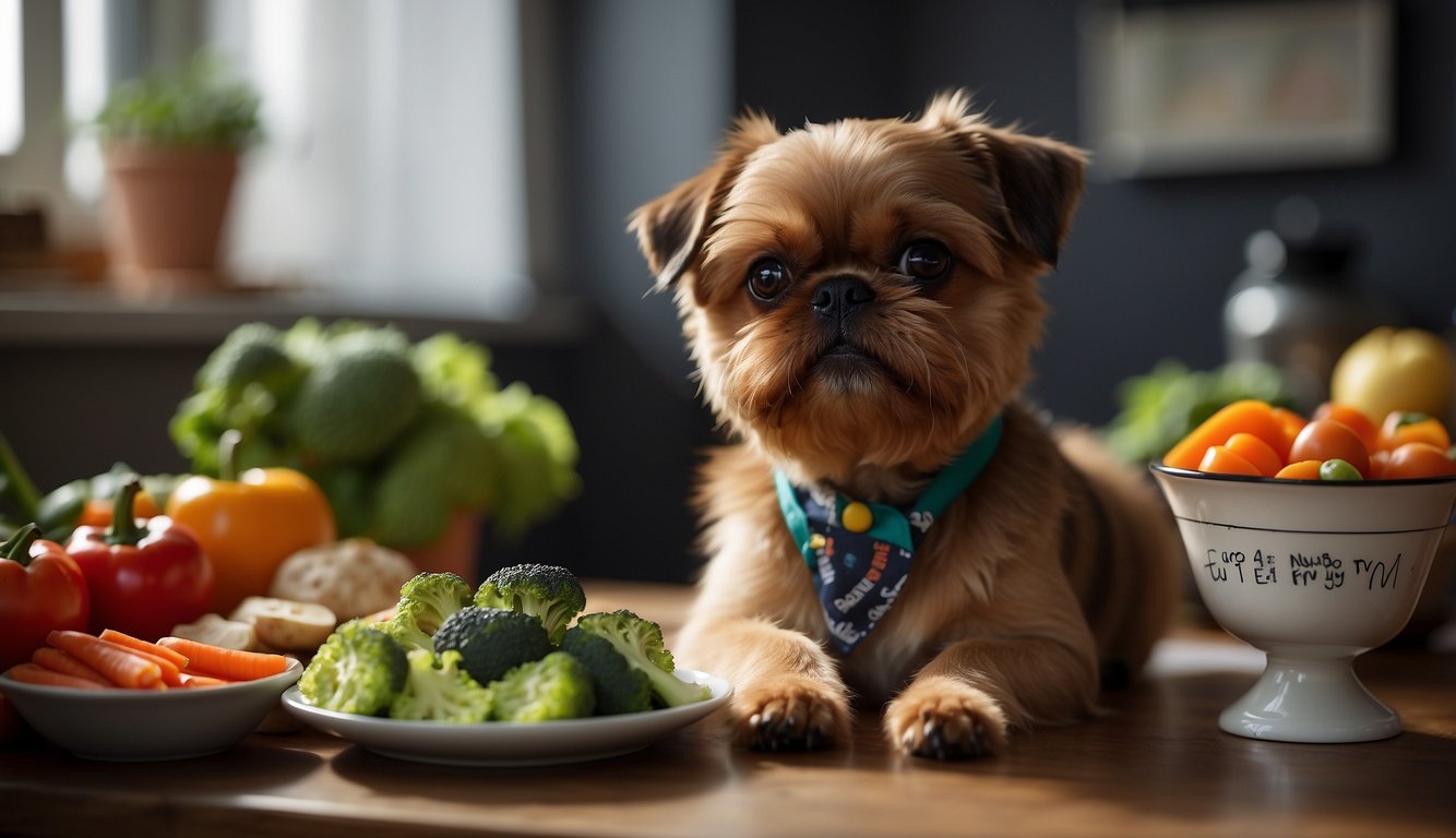 A Brussels Griffon dog sits beside a bowl of balanced diet, with fresh vegetables and meat, while a nutrition chart hangs on the wall