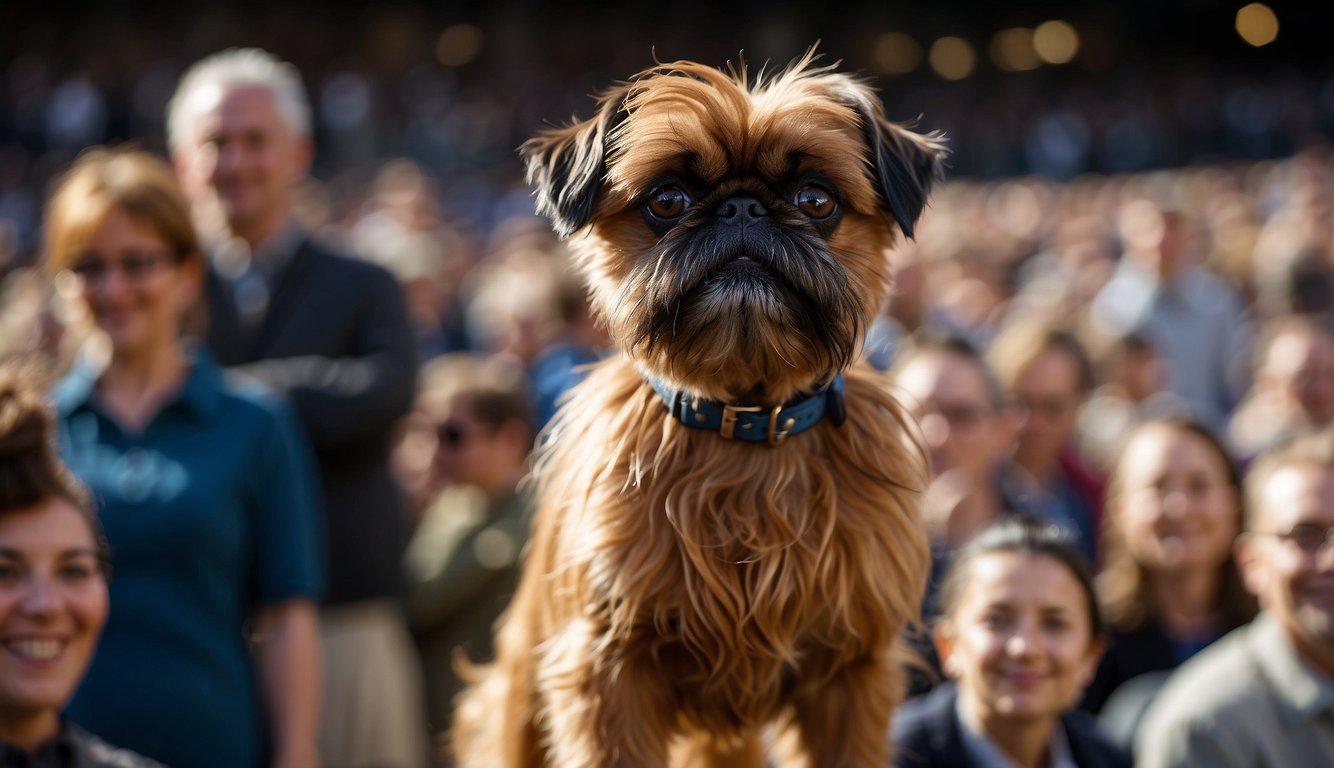 A Brussels Griffon stands proudly in a show ring, surrounded by admiring spectators and judges. Its wiry coat and distinctive face capture the attention of onlookers