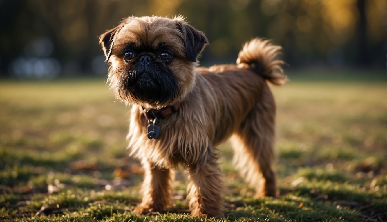 A Griffon Brussels Griffon stands alert, with a wiry coat and expressive eyes. Its small, square body exudes confidence and intelligence