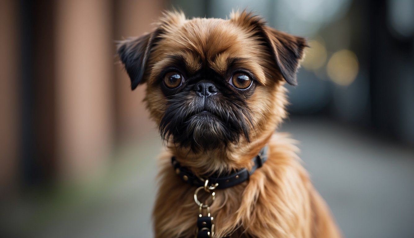 A Brussels Griffon stands alert, with a wiry coat and expressive eyes. The dog exudes confidence and intelligence, capturing the essence of the breed